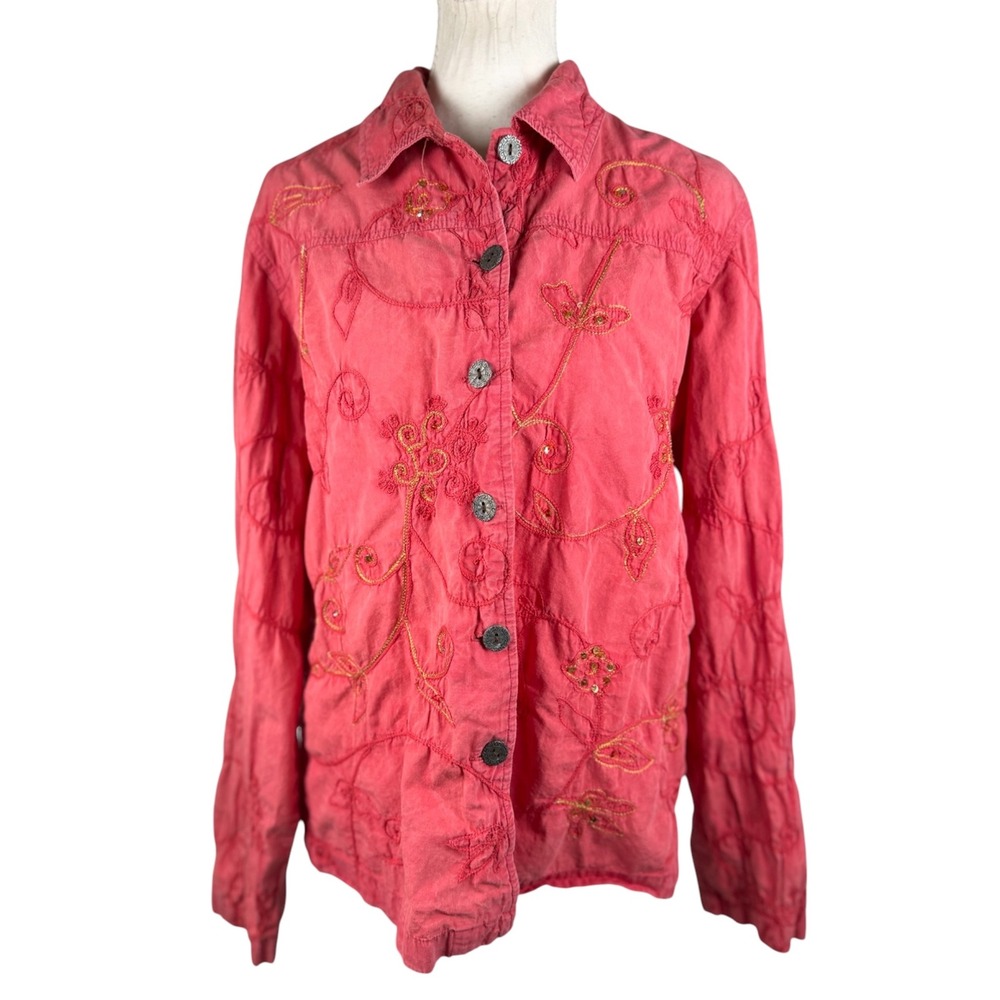 C.L.O.T.H.E.S. Embroidered Shirt Womens XL Pink Ramie Cotton Floral Boho Sequin
